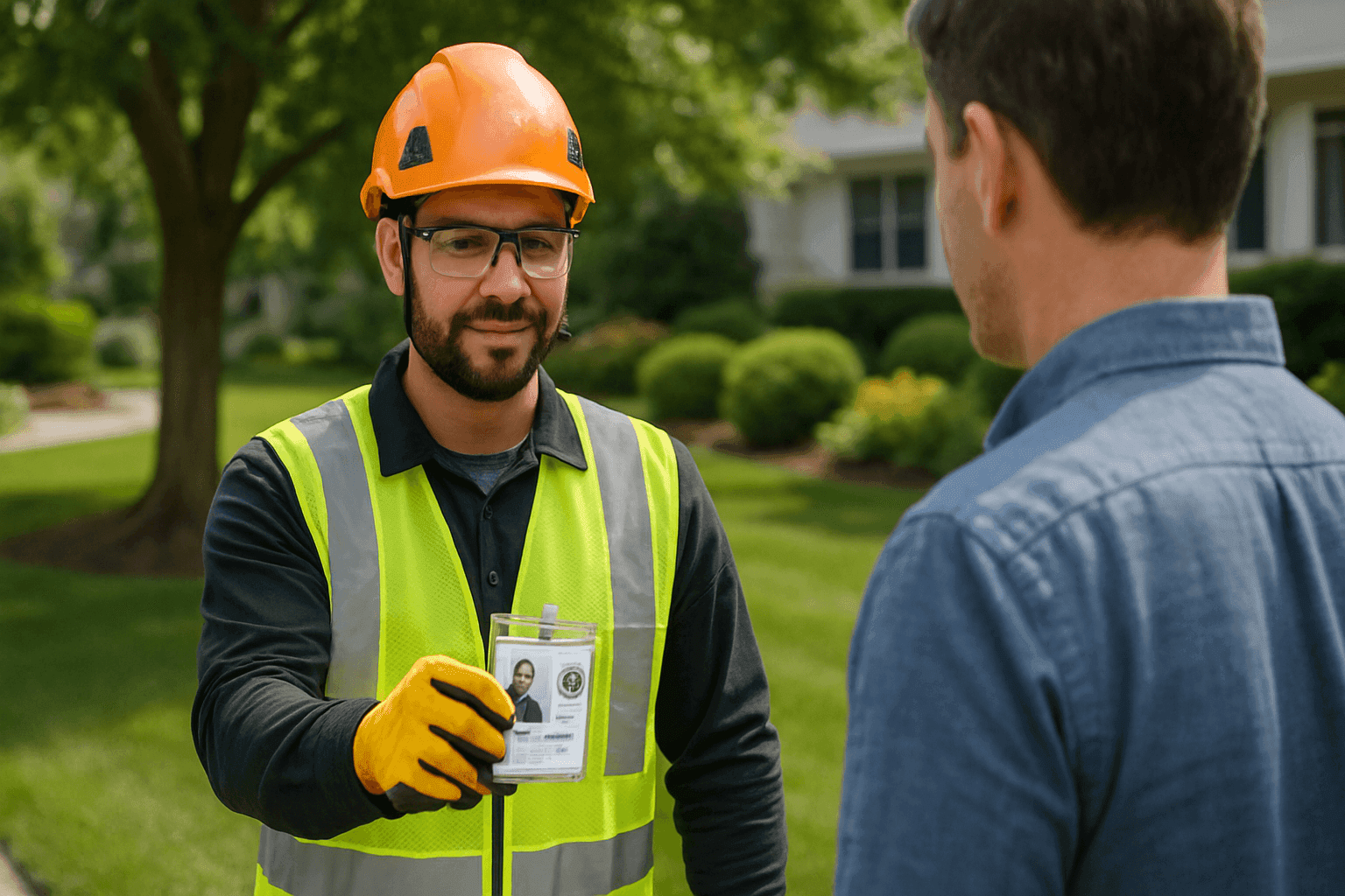 Arborist showing certification badge and safety gear to property owner outdoors